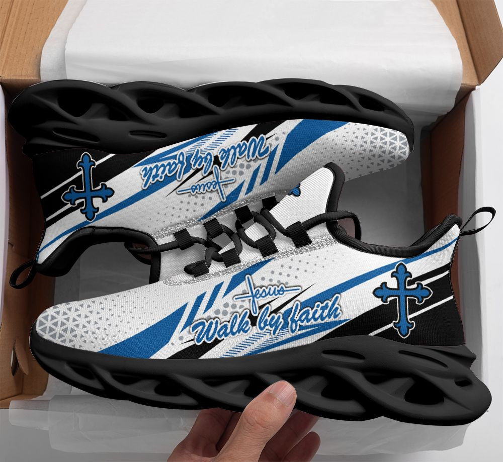 Jesus Walk By Faith  Blue Yezy Running Sneakers Max Soul Shoes - Christian Shoes For Men And Women