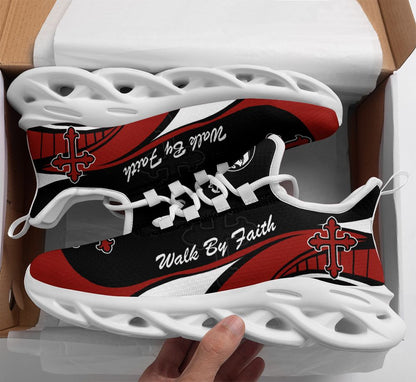 Jesus Walk By Faith  Red And Black Yezy Running Sneakers Max Soul Shoes - Christian Shoes For Men And Women