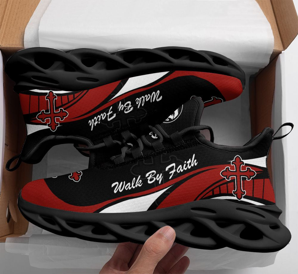 Jesus Walk By Faith  Red And Black Yezy Running Sneakers Max Soul Shoes - Christian Shoes For Men And Women