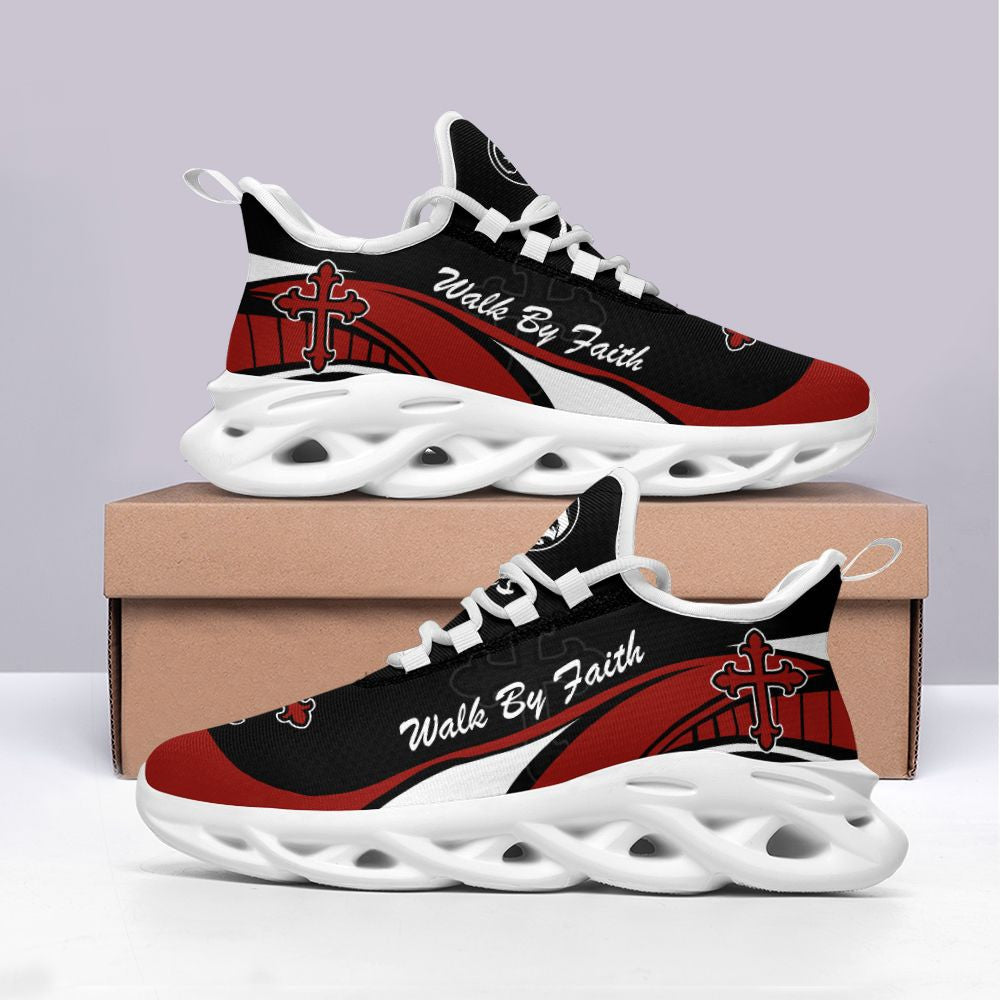 Jesus Walk By Faith  Red And Black Yezy Running Sneakers Max Soul Shoes - Christian Shoes For Men And Women