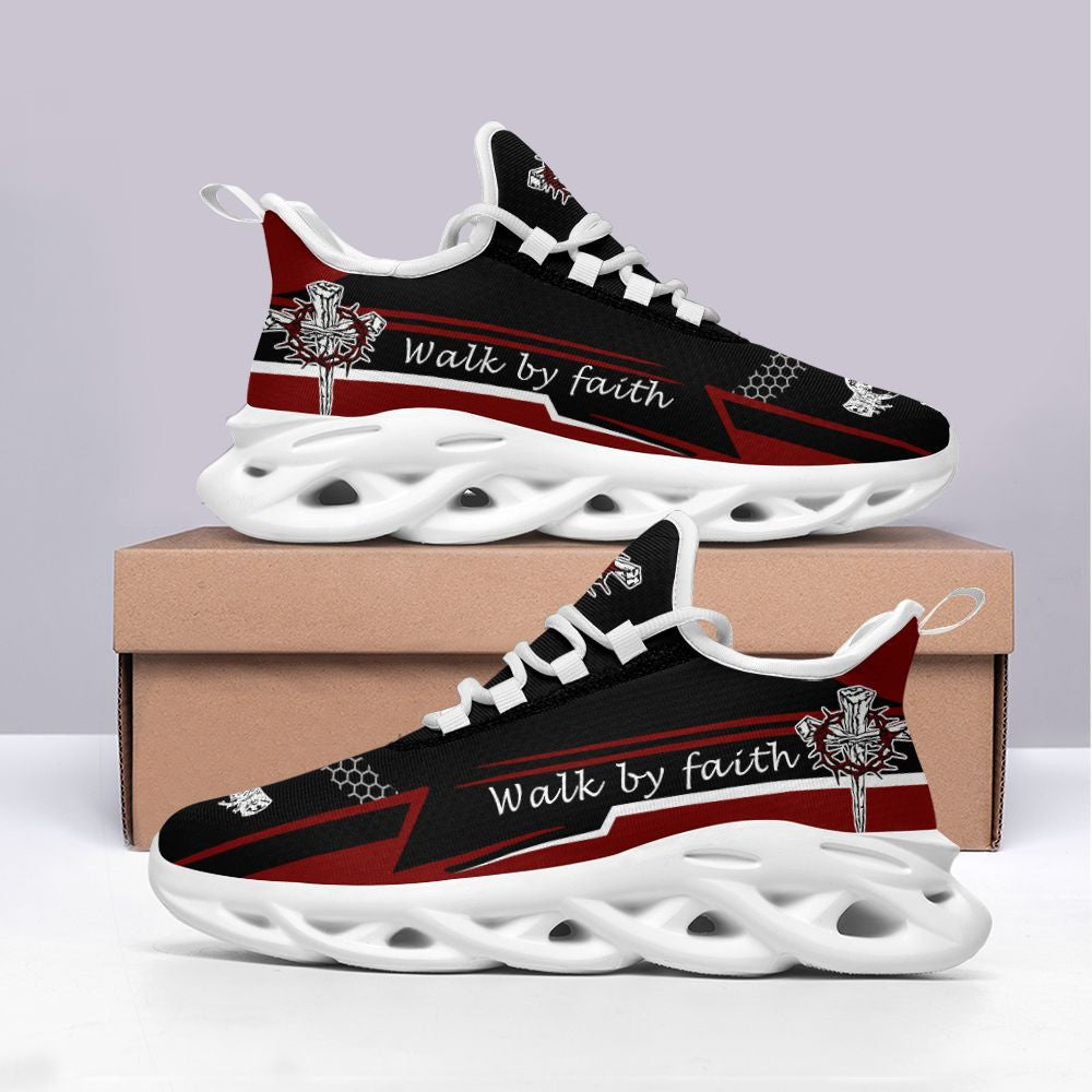 Jesus Walk By Faith Red Black Yezy Running Sneakers 3 Max Soul Shoes - Christian Shoes For Men And Women
