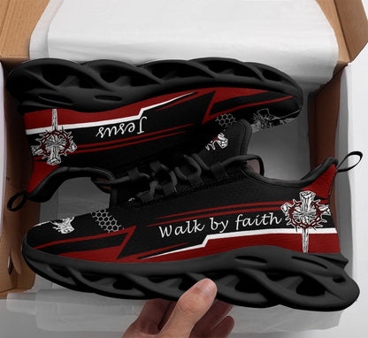 Jesus Walk By Faith Red Black Yezy Running Sneakers 3 Max Soul Shoes - Christian Shoes For Men And Women