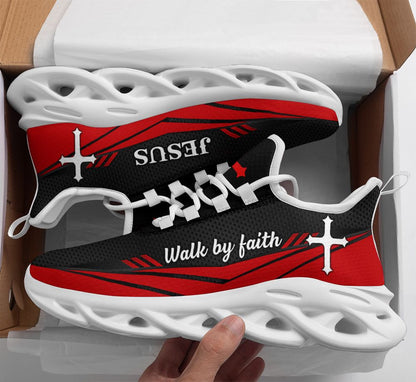 Jesus Walk By Faith Red Yezy Running Sneakers 3 Max Soul Shoes - Christian Shoes For Men And Women
