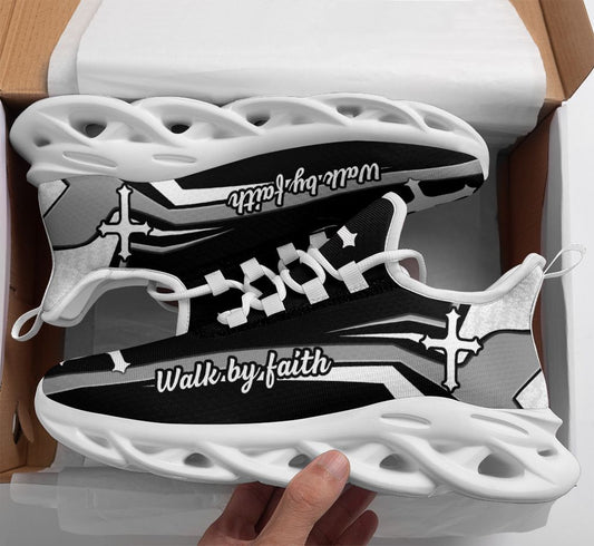 Jesus Walk By Faith Yezy Running Sneakers Black And White Soles Max Soul Shoes - Christian Shoes For Men And Women