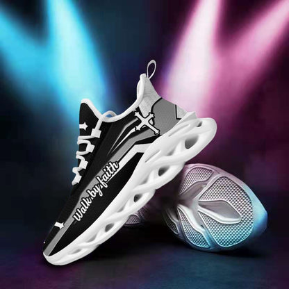 Jesus Walk By Faith Yezy Running Sneakers Black And White Soles Max Soul Shoes - Christian Shoes For Men And Women