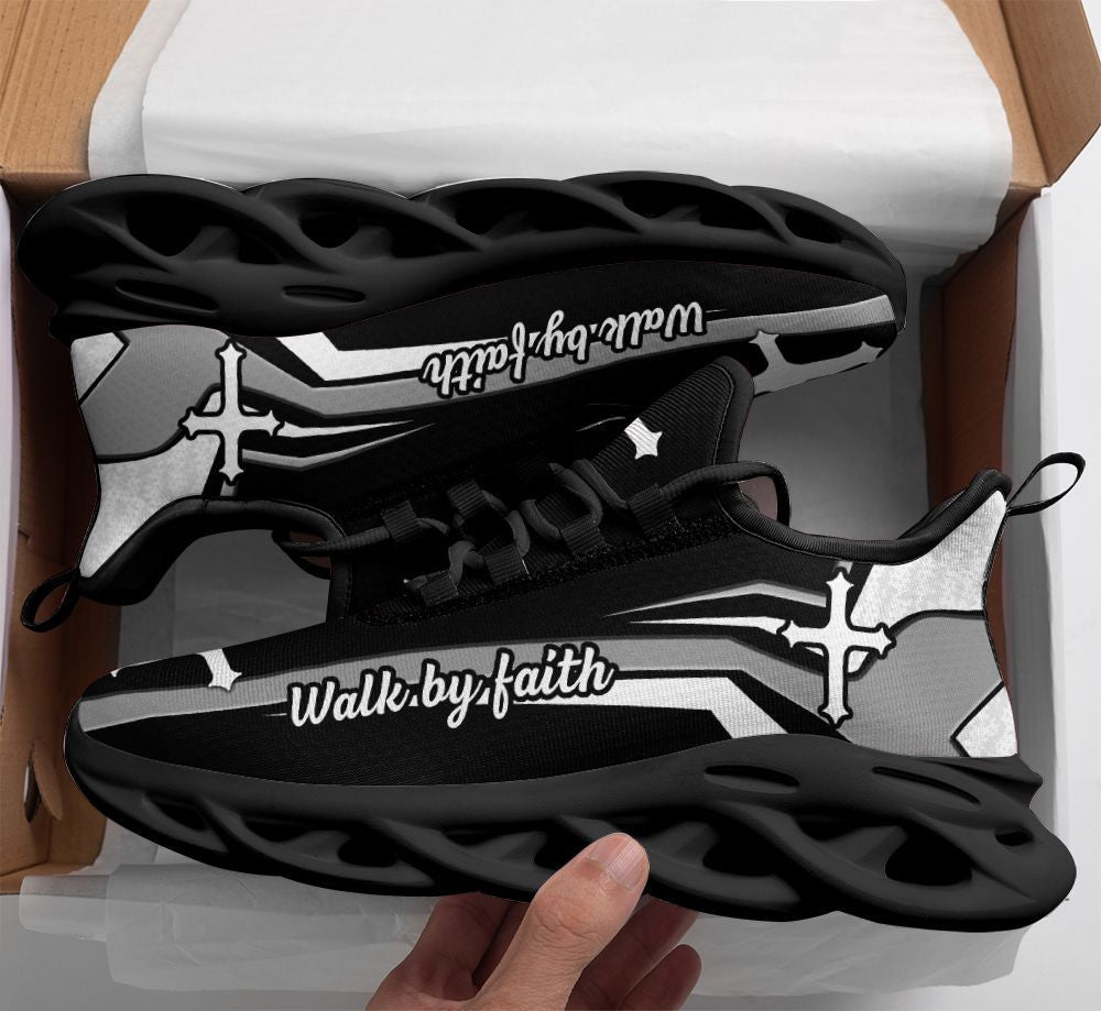 Jesus Walk By Faith Yezy Running Sneakers Black And White Soles Max Soul Shoes - Christian Shoes For Men And Women