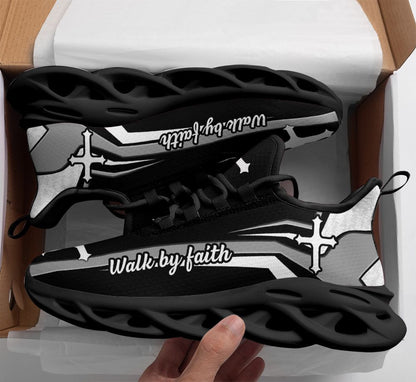 Jesus Walk By Faith Yezy Running Sneakers Black And White Soles Max Soul Shoes - Christian Shoes For Men And Women