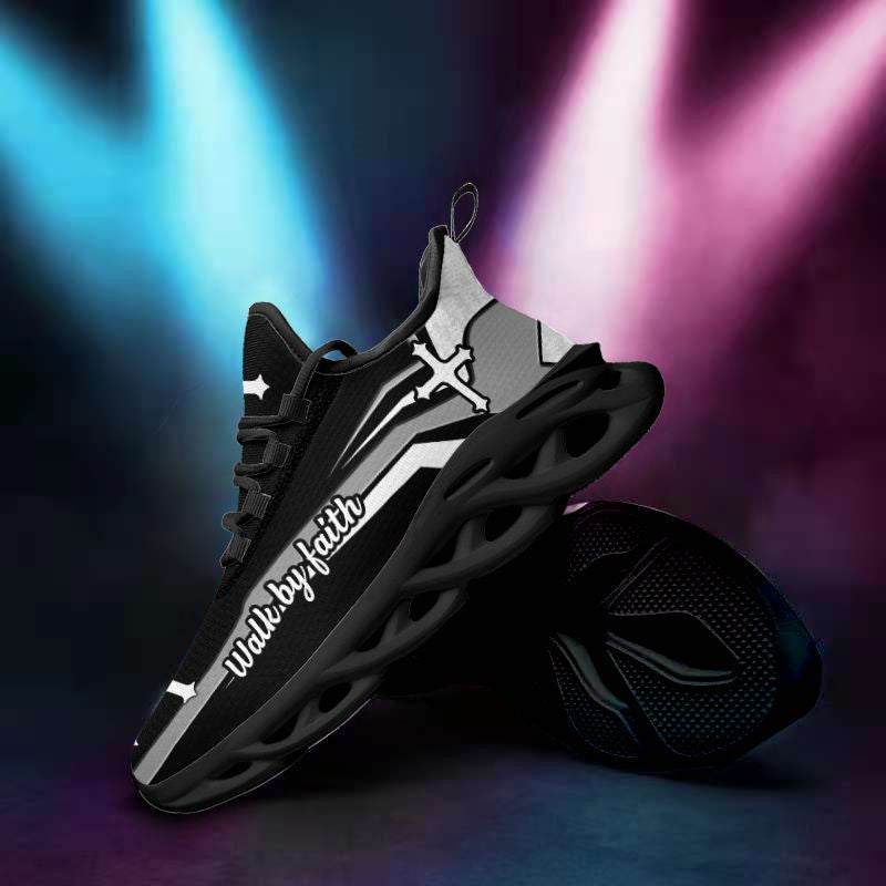Jesus Walk By Faith Yezy Running Sneakers Black And White Soles Max Soul Shoes - Christian Shoes For Men And Women