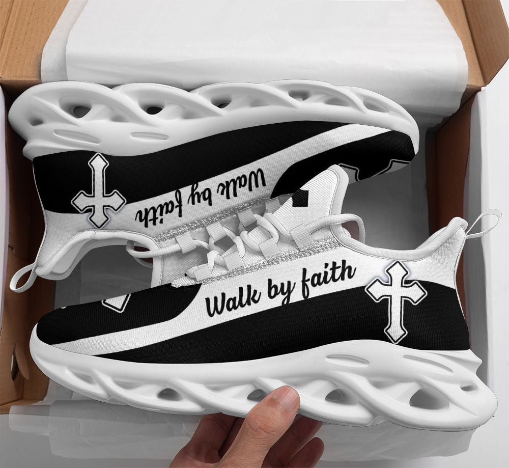 Jesus Walk By Faith Yezy Running Sneakers Black White 2 Max Soul Shoes - Christian Shoes For Men And Women
