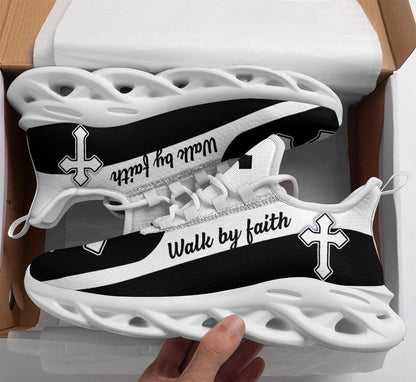 Jesus Walk By Faith Yezy Running Sneakers Black White 2 Max Soul Shoes - Christian Shoes For Men And Women