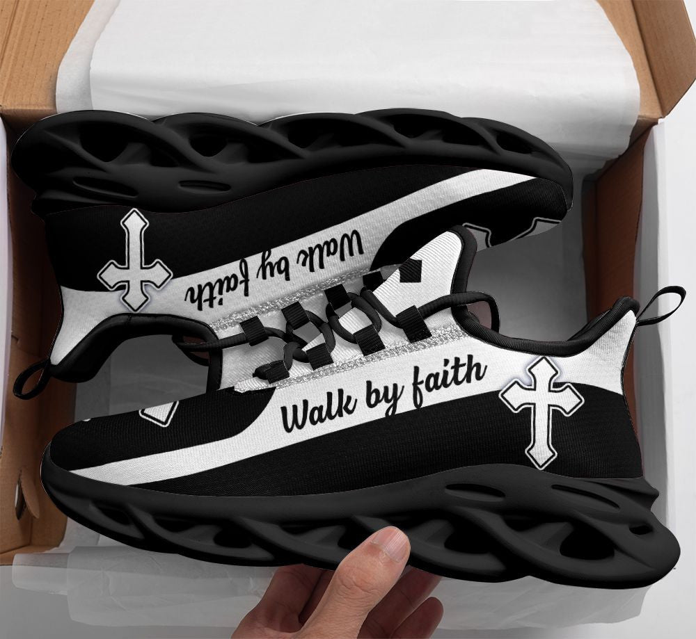 Jesus Walk By Faith Yezy Running Sneakers Black White 2 Max Soul Shoes - Christian Shoes For Men And Women