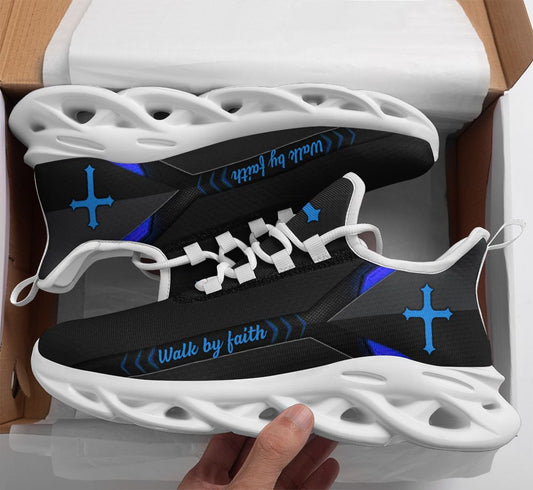 Jesus Walk By Faith Yezy Running Sneakers Blue Black 2 Max Soul Shoes - Christian Shoes For Men And Women