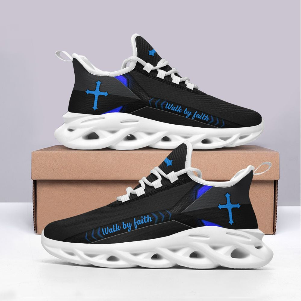 Jesus Walk By Faith Yezy Running Sneakers Blue Black 2 Max Soul Shoes - Christian Shoes For Men And Women