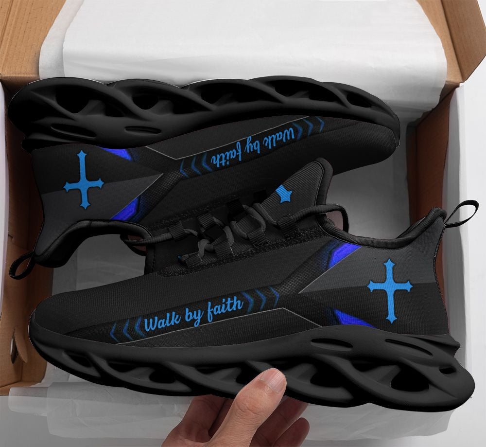 Jesus Walk By Faith Yezy Running Sneakers Blue Black 2 Max Soul Shoes - Christian Shoes For Men And Women