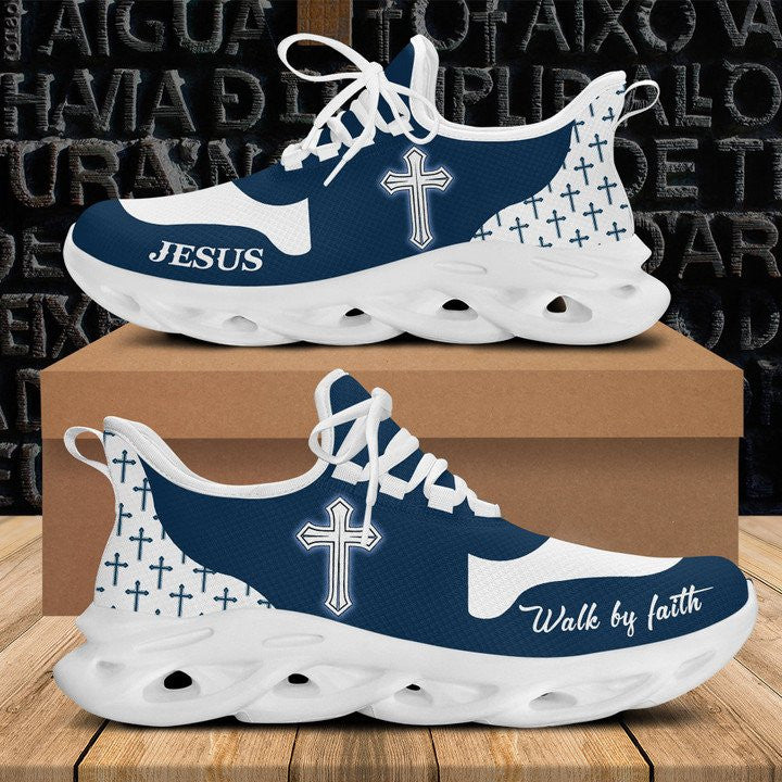 Jesus Walk By Faith Yezy Running Sneakers Blue White Max Soul Shoes - Christian Shoes For Men And Women