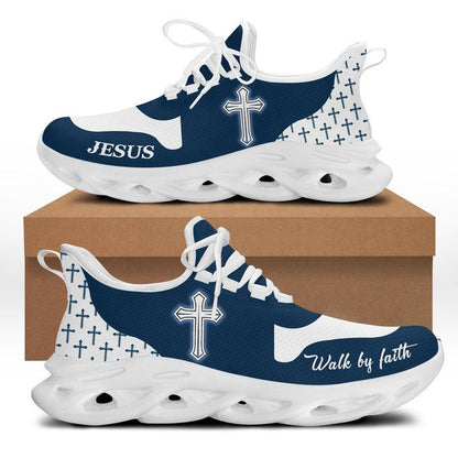 Jesus Walk By Faith Yezy Running Sneakers Blue White Max Soul Shoes - Christian Shoes For Men And Women