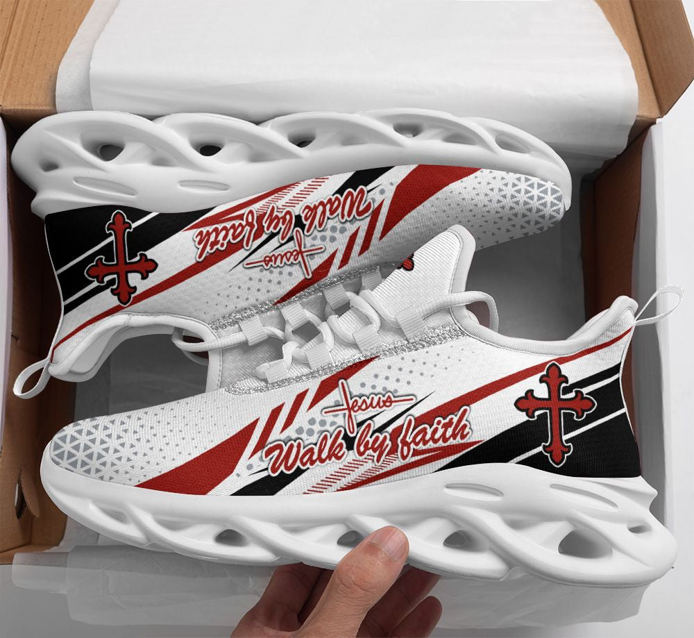 Jesus Walk By Faith Yezy Running Sneakers Red And White Max Soul Shoes - Christian Shoes For Men And Women
