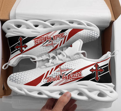 Jesus Walk By Faith Yezy Running Sneakers Red And White Max Soul Shoes - Christian Shoes For Men And Women