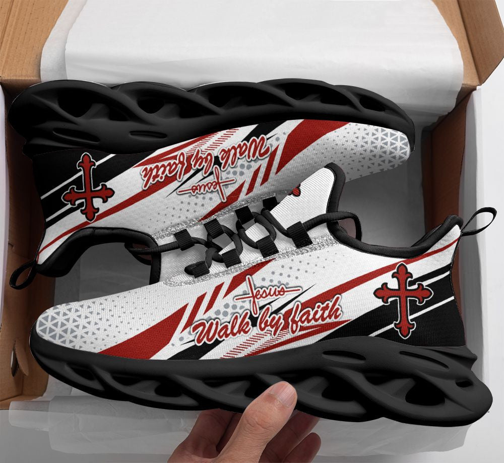 Jesus Walk By Faith Yezy Running Sneakers Red And White Max Soul Shoes - Christian Shoes For Men And Women