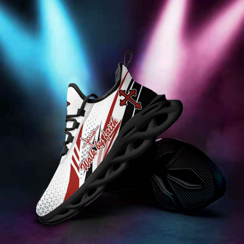 Jesus Walk By Faith Yezy Running Sneakers Red And White Max Soul Shoes - Christian Shoes For Men And Women
