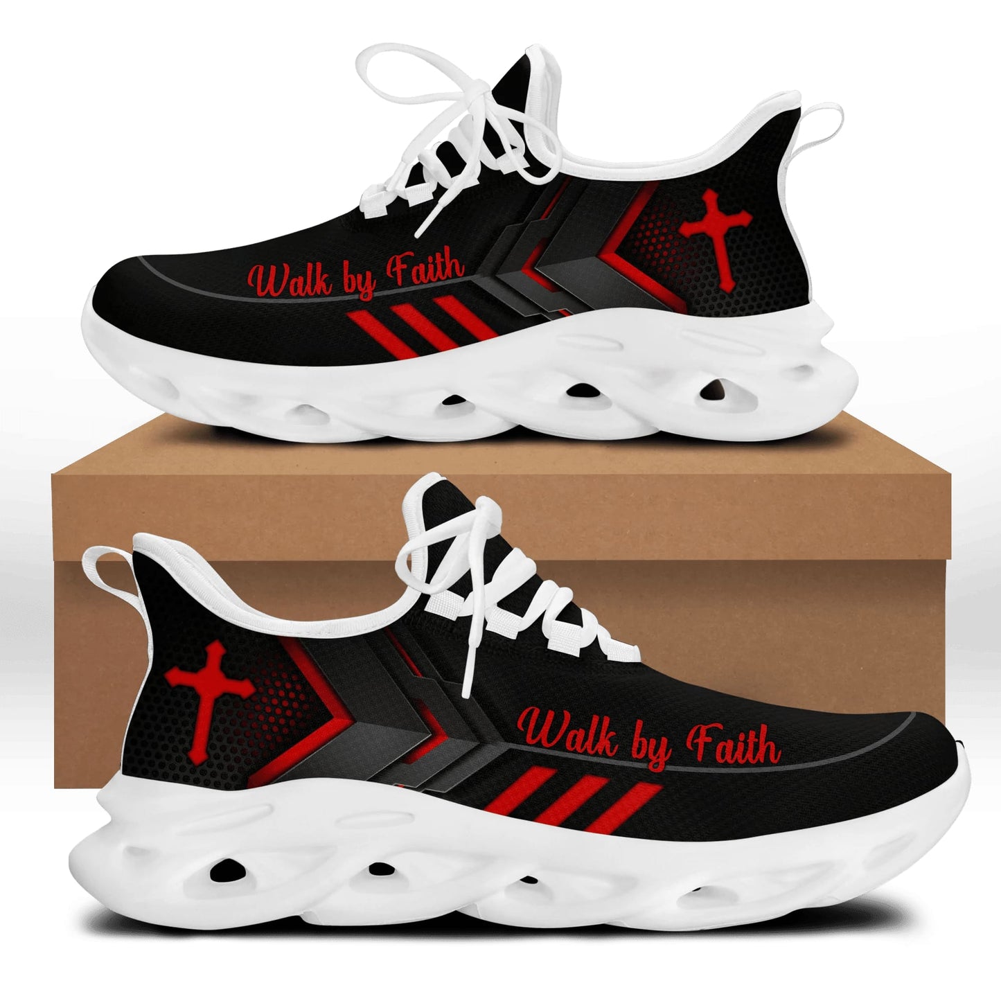 Jesus Walk By Faith Yezy Running Sneakers Red Black 3 Max Soul Shoes - Christian Shoes For Men And Women