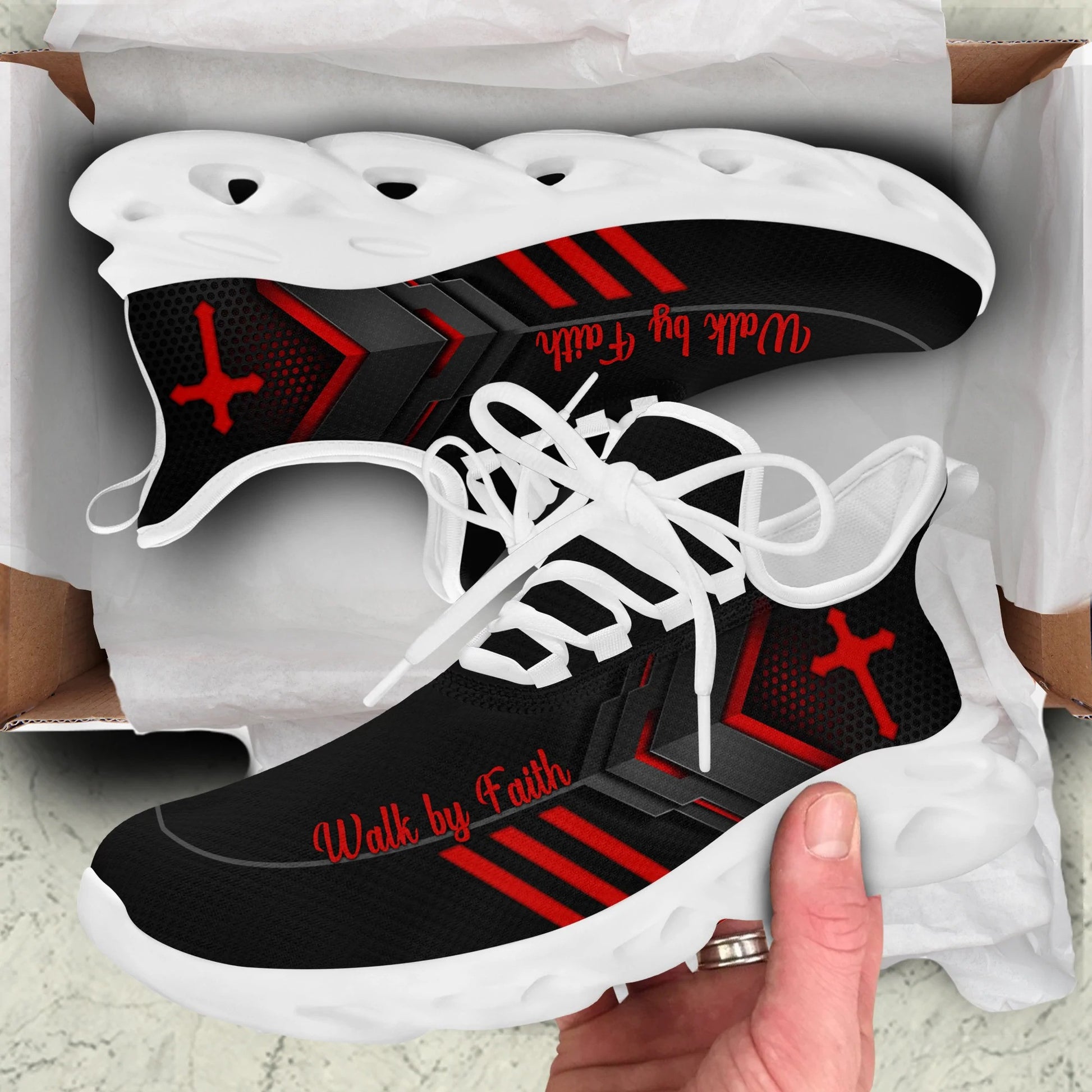 Jesus Walk By Faith Yezy Running Sneakers Red Black 3 Max Soul Shoes - Christian Shoes For Men And Women