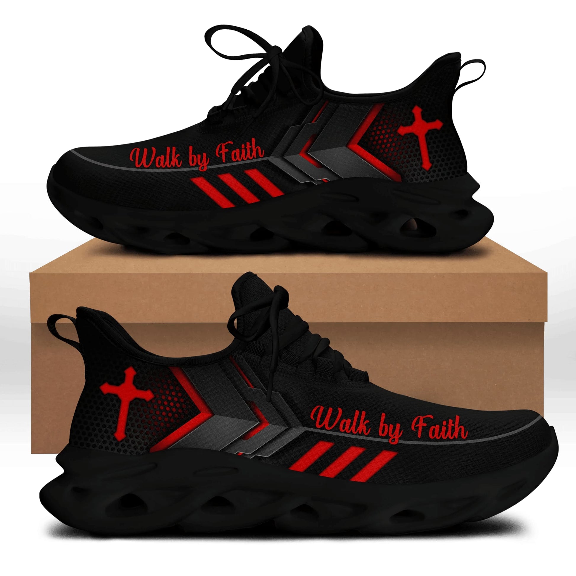 Jesus Walk By Faith Yezy Running Sneakers Red Black 3 Max Soul Shoes - Christian Shoes For Men And Women