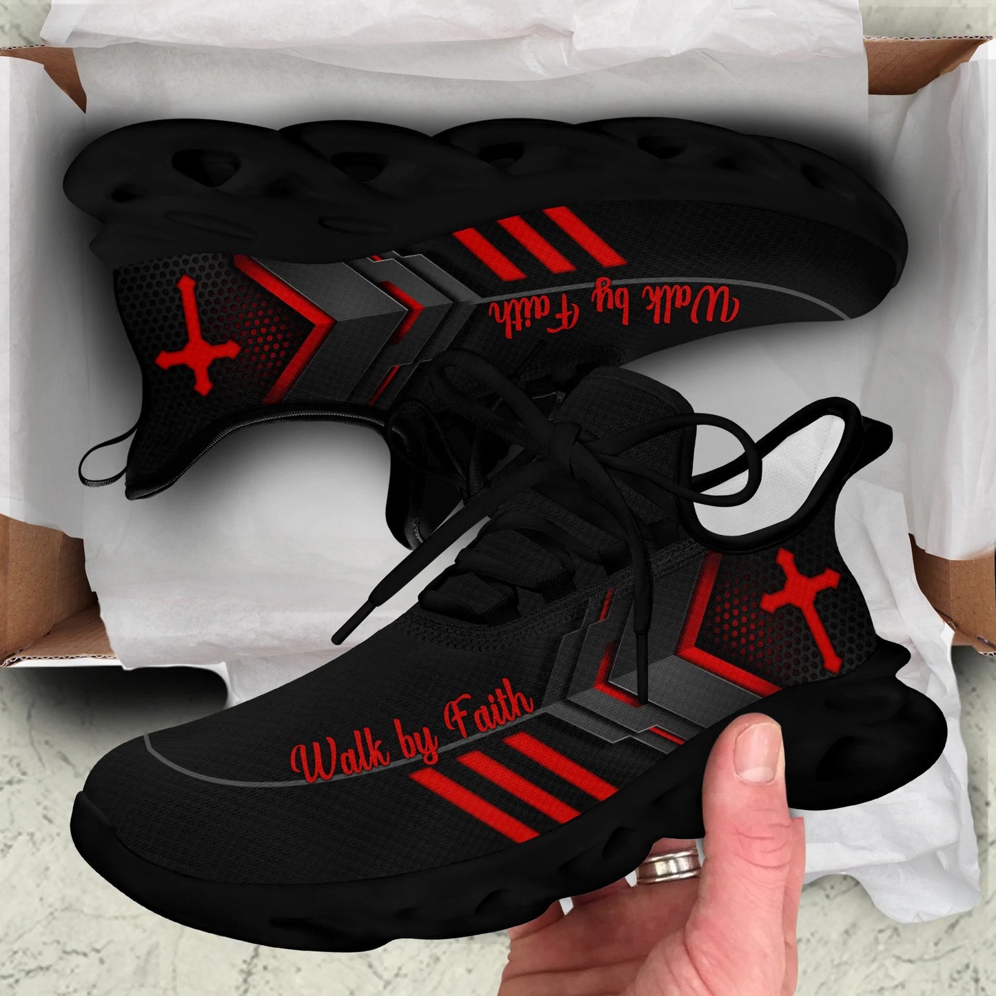 Jesus Walk By Faith Yezy Running Sneakers Red Black 3 Max Soul Shoes - Christian Shoes For Men And Women