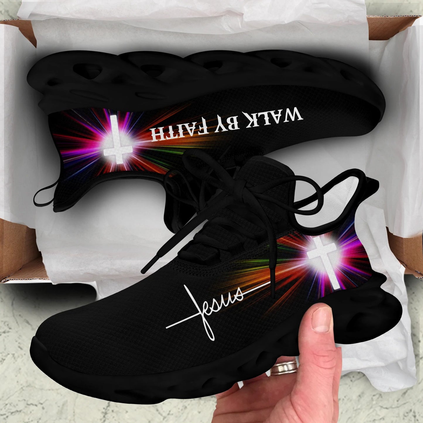 Jesus Walk By Faith Yezy Running Sneakers White Black 3 Max Soul Shoes - Christian Shoes For Men And Women