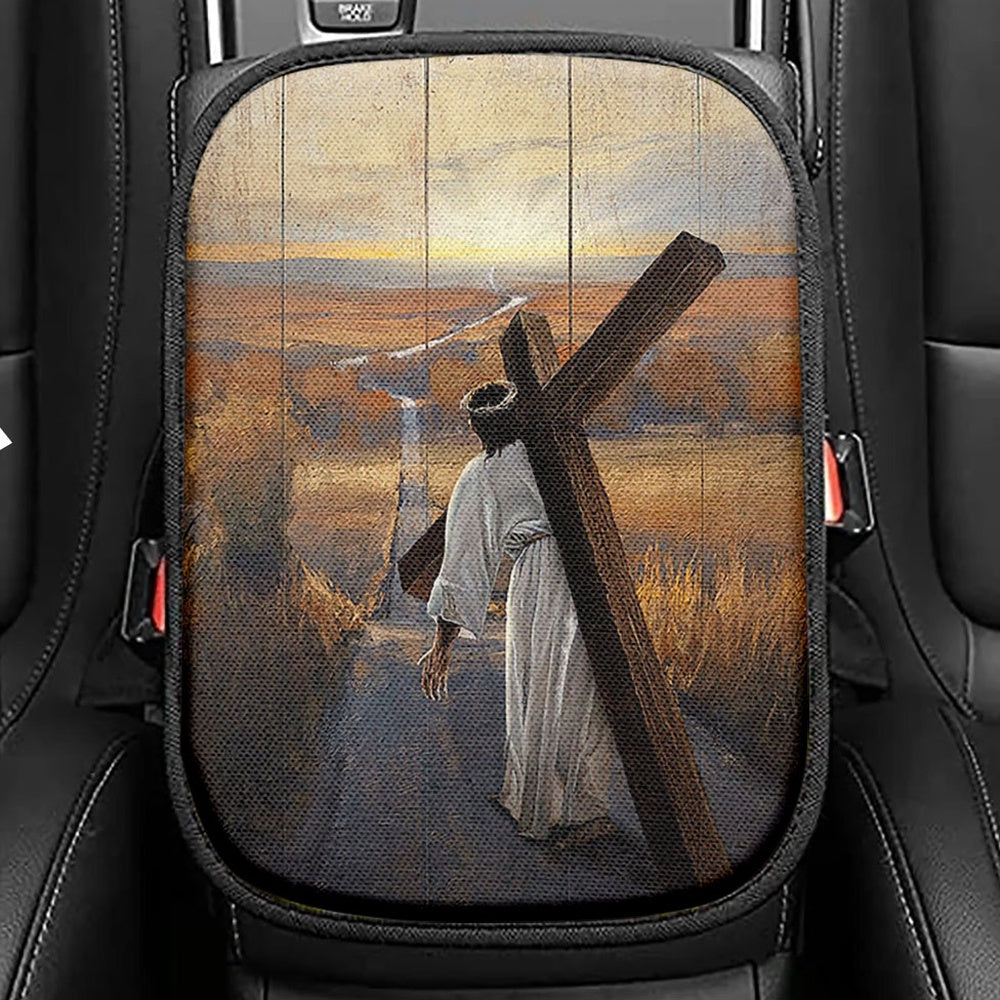 Jesus Walk On Water White Seat Box Cover, White Jesus Car Center Console Covers, Christian Car Interior Accessories