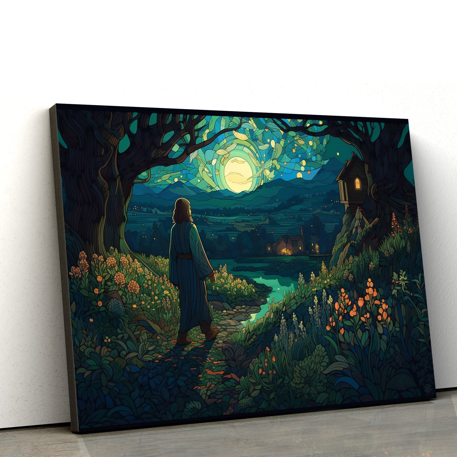 Jesus Walking Down The Night With The Night Lights - Canvas Picture - Jesus Christ Canvas - Christian Wall Art