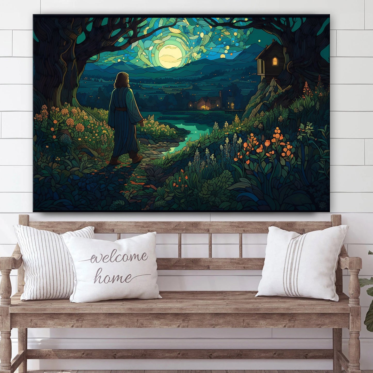 Jesus Walking Down The Night With The Night Lights - Canvas Picture - Jesus Christ Canvas - Christian Wall Art