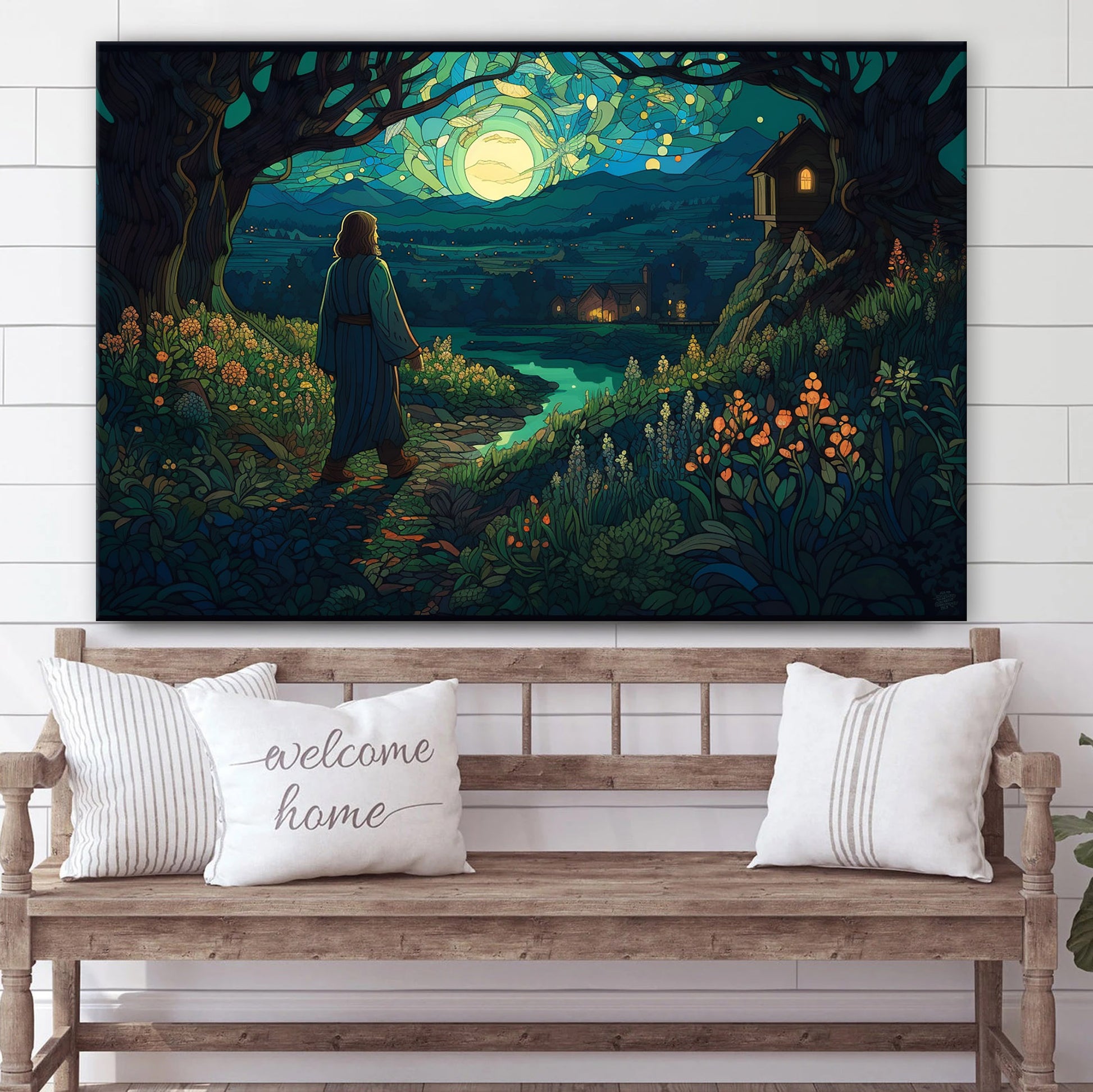 Jesus Walking Down The Night With The Night Lights - Canvas Picture - Jesus Christ Canvas - Christian Wall Art