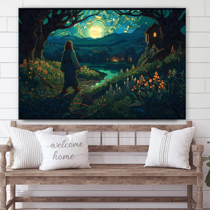 Jesus Walking Down The Night With The Night Lights - Canvas Picture - Jesus Christ Canvas - Christian Wall Art