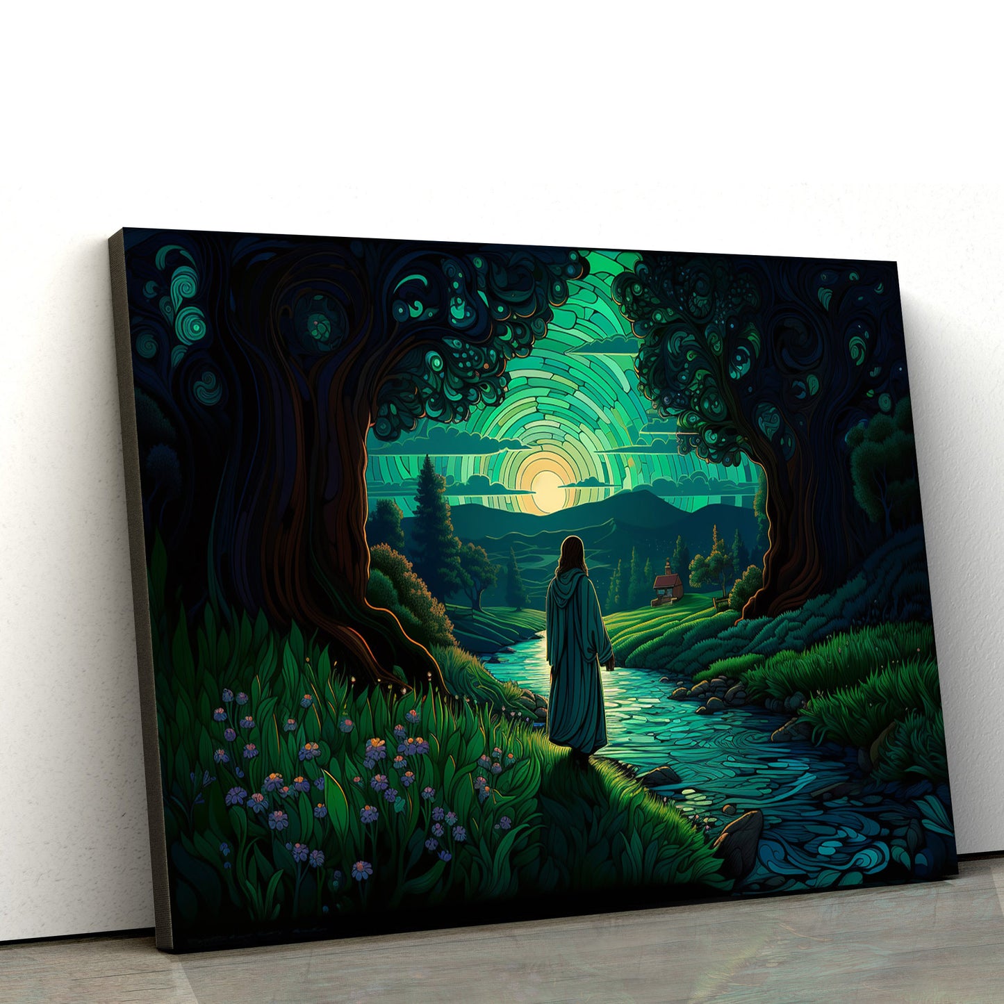 Jesus Walking Down The Night With The Night Lights 2 - Canvas Picture - Jesus Christ Canvas - Christian Wall Art