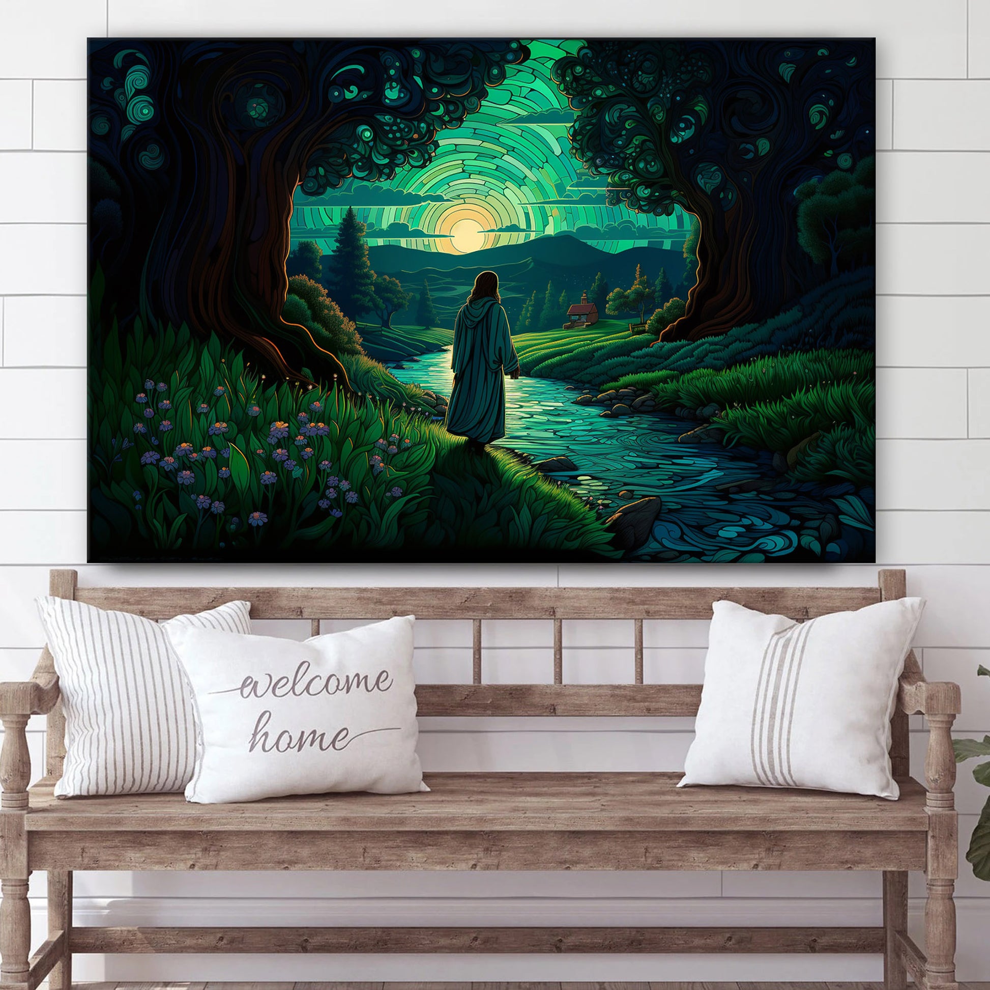 Jesus Walking Down The Night With The Night Lights 2 - Canvas Picture - Jesus Christ Canvas - Christian Wall Art