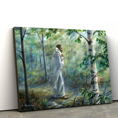 Jesus Walking In Forest Holding Lamb On Paper Or Canvas - Jesus Canvas Pictures - Christian Wall Art