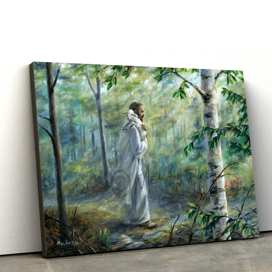 Jesus Walking In Forest Holding Lamb On Paper Or Canvas - Jesus Canvas Pictures - Christian Wall Art
