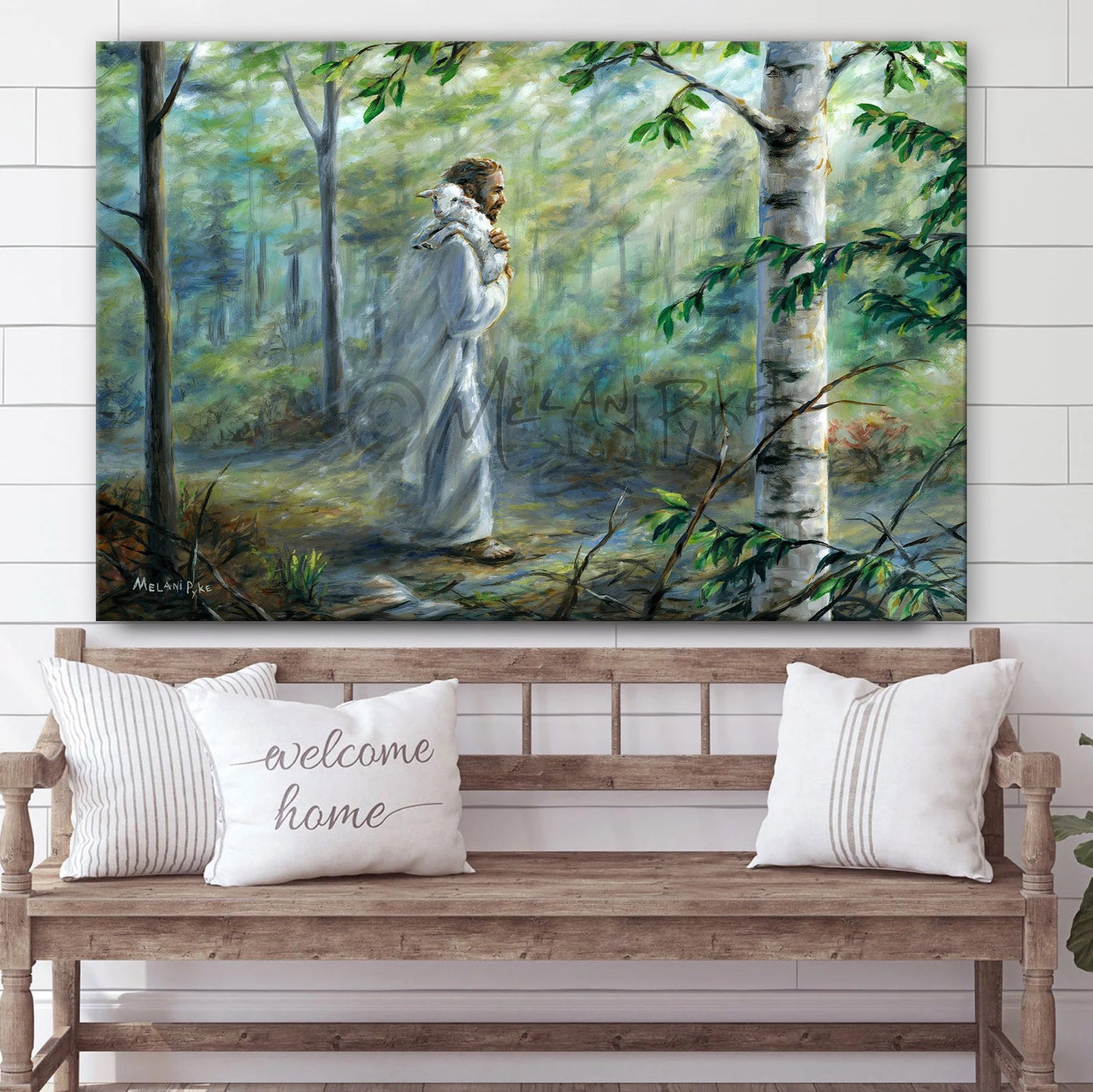 Jesus Walking In Forest Holding Lamb On Paper Or Canvas - Jesus Canvas Pictures - Christian Wall Art