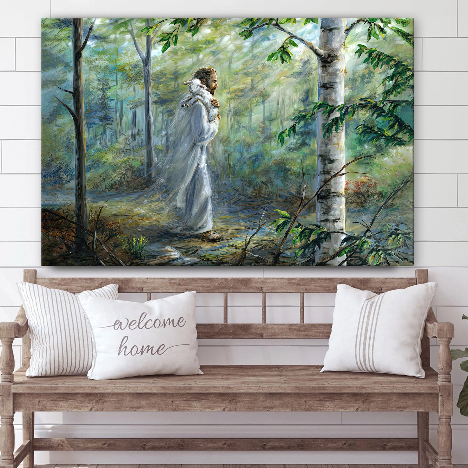 Jesus Walking In Forest With Lamb Over Shoulder Canvas Posters - Jesus Canvas Pictures - Christian Canvas Art