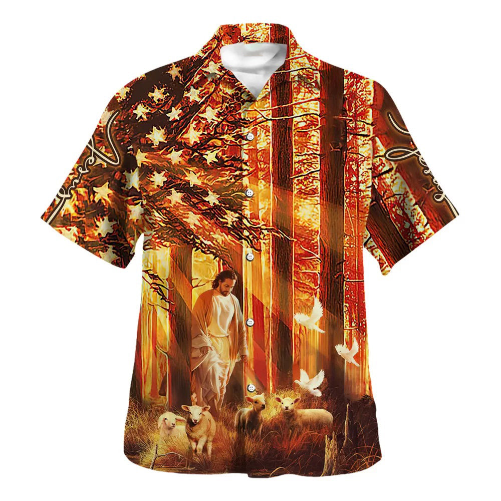 Jesus Walking In The Forest With The Sheep Hawaiian Shirt - Christian Hawaiian Shirt - Religious Hawaiian Shirts