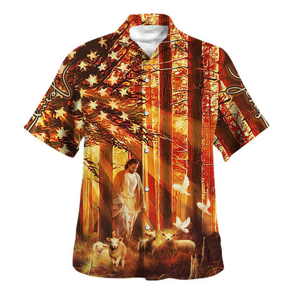 Jesus Walking In The Forest With The Sheep Hawaiian Shirt - Christian Hawaiian Shirt - Religious Hawaiian Shirts
