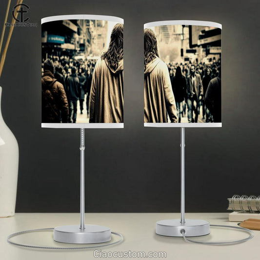 Jesus Walking Modern City Among Crowds Table Lamp Pictures - Faith Art - Christian Table Lamp For Bedroom Decor