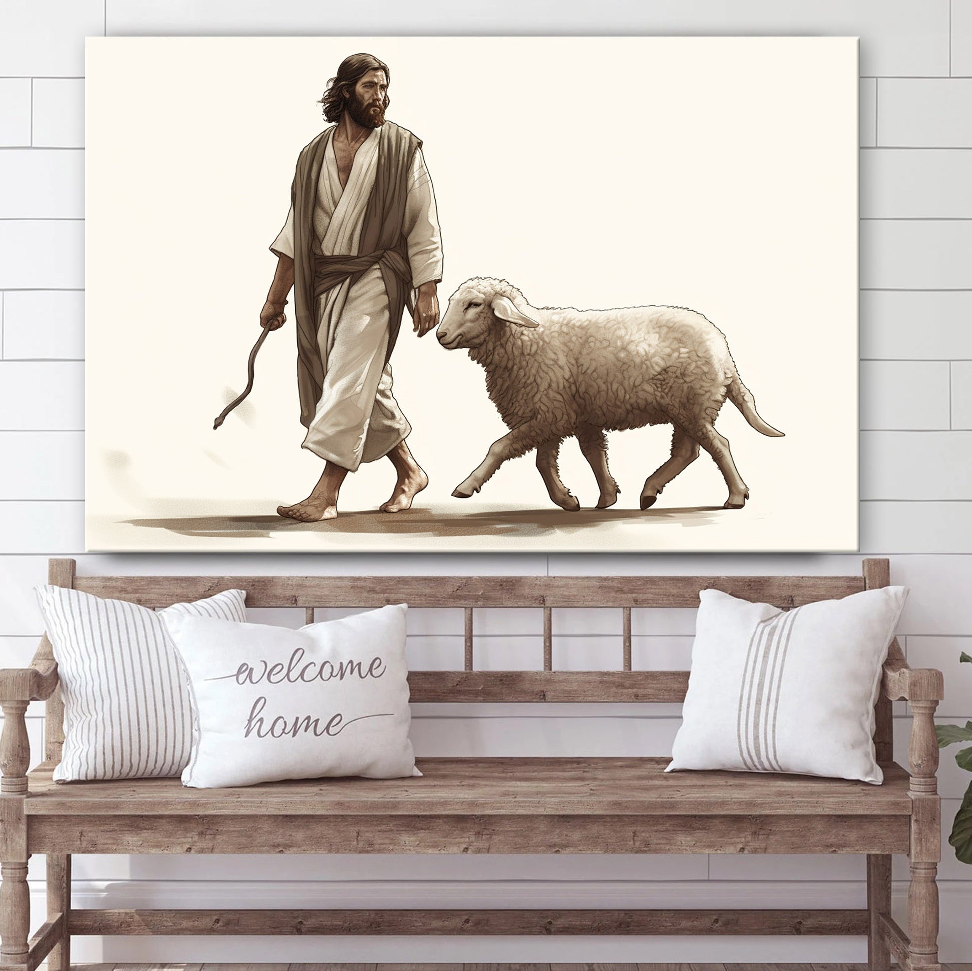 Jesus Walking Next To A Sheep - Canvas Picture - Jesus Christ Canvas - Christian Wall Art