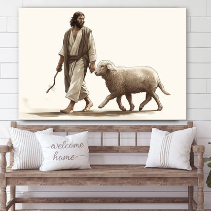Jesus Walking Next To A Sheep - Canvas Picture - Jesus Christ Canvas - Christian Wall Art