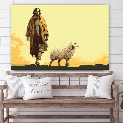 Jesus Walking Next To A Sheep 1 - Canvas Picture - Jesus Christ Canvas - Christian Wall Art