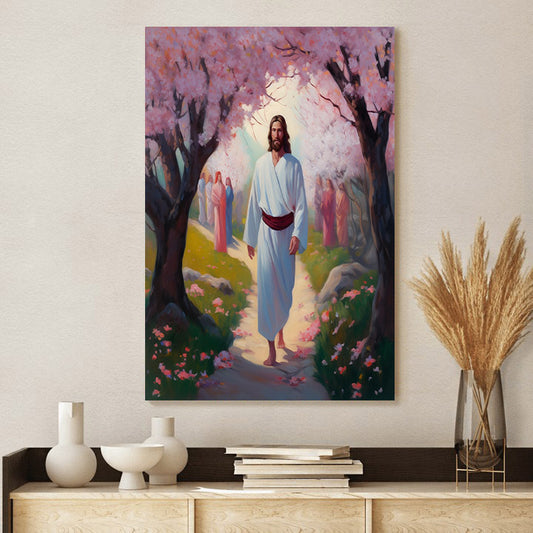 Jesus Walking On A Spring Path, With Cherry Blossoms - Jesus Canvas Pictures - Christian Wall Art