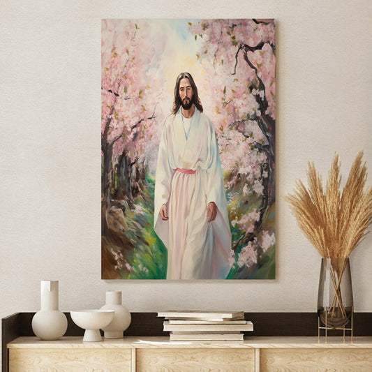 Jesus Walking On A Spring Path With Cherry Blossoms - Jesus Canvas Pictures - Christian Wall Art