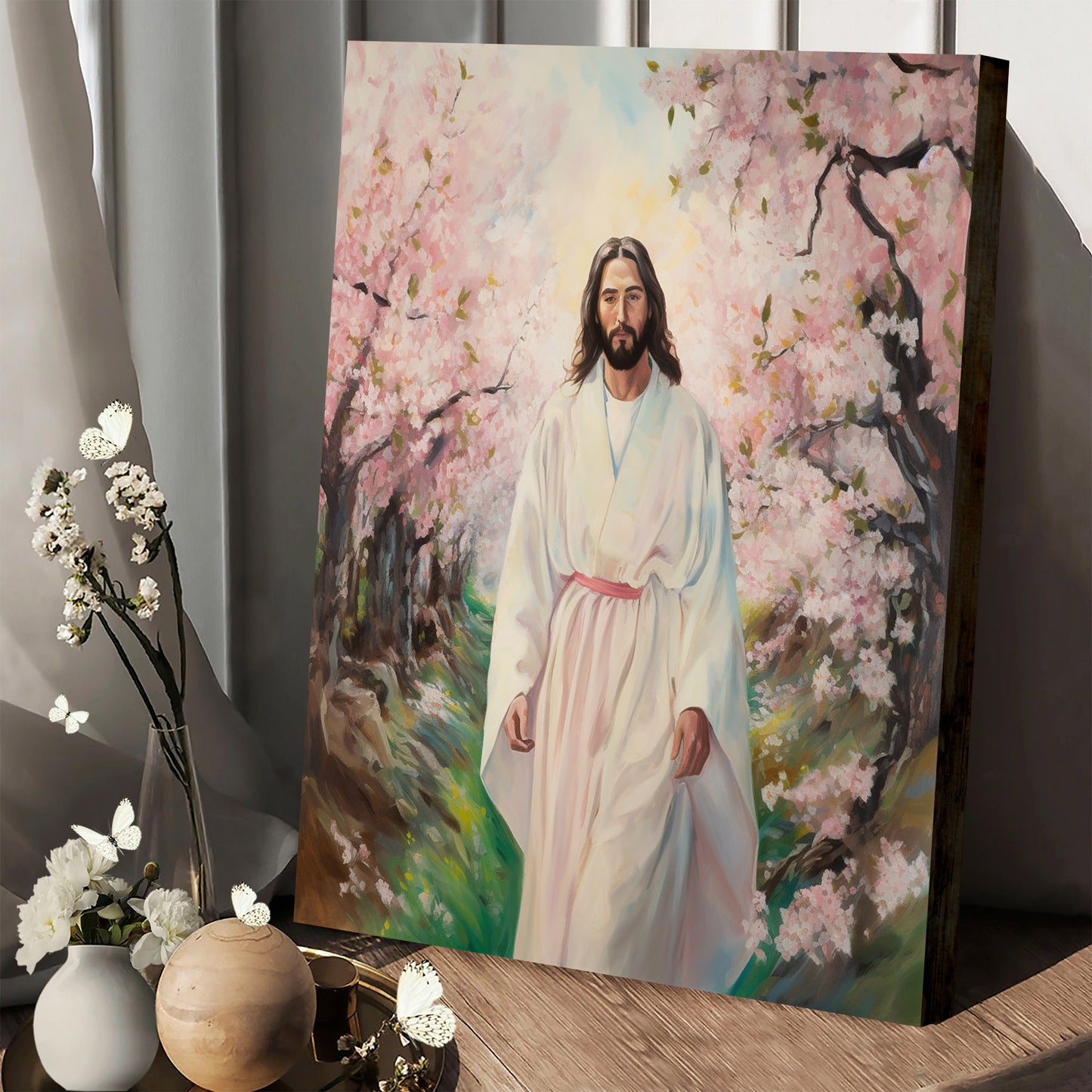 Jesus Walking On A Spring Path With Cherry Blossoms - Jesus Canvas Pictures - Christian Wall Art