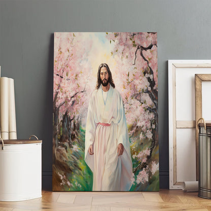 Jesus Walking On A Spring Path With Cherry Blossoms - Jesus Canvas Pictures - Christian Wall Art